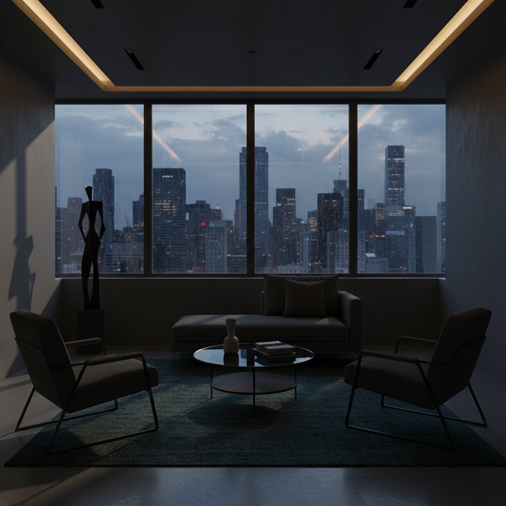 Nowoczesny gabinet psychoanalizy w klimatycznym oświetleniu, ukazujący pusty fotel i zamyśloną sylwetkę