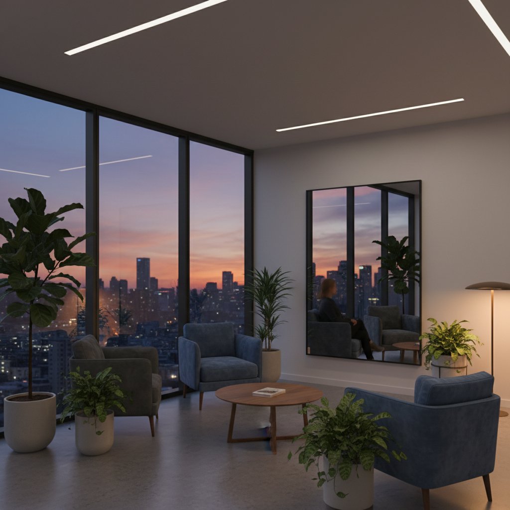 Nowoczesny gabinet terapeutyczny z widokiem na miasto o zmierzchu, osoba w głębokiej refleksji, rośliny i lustro w tle