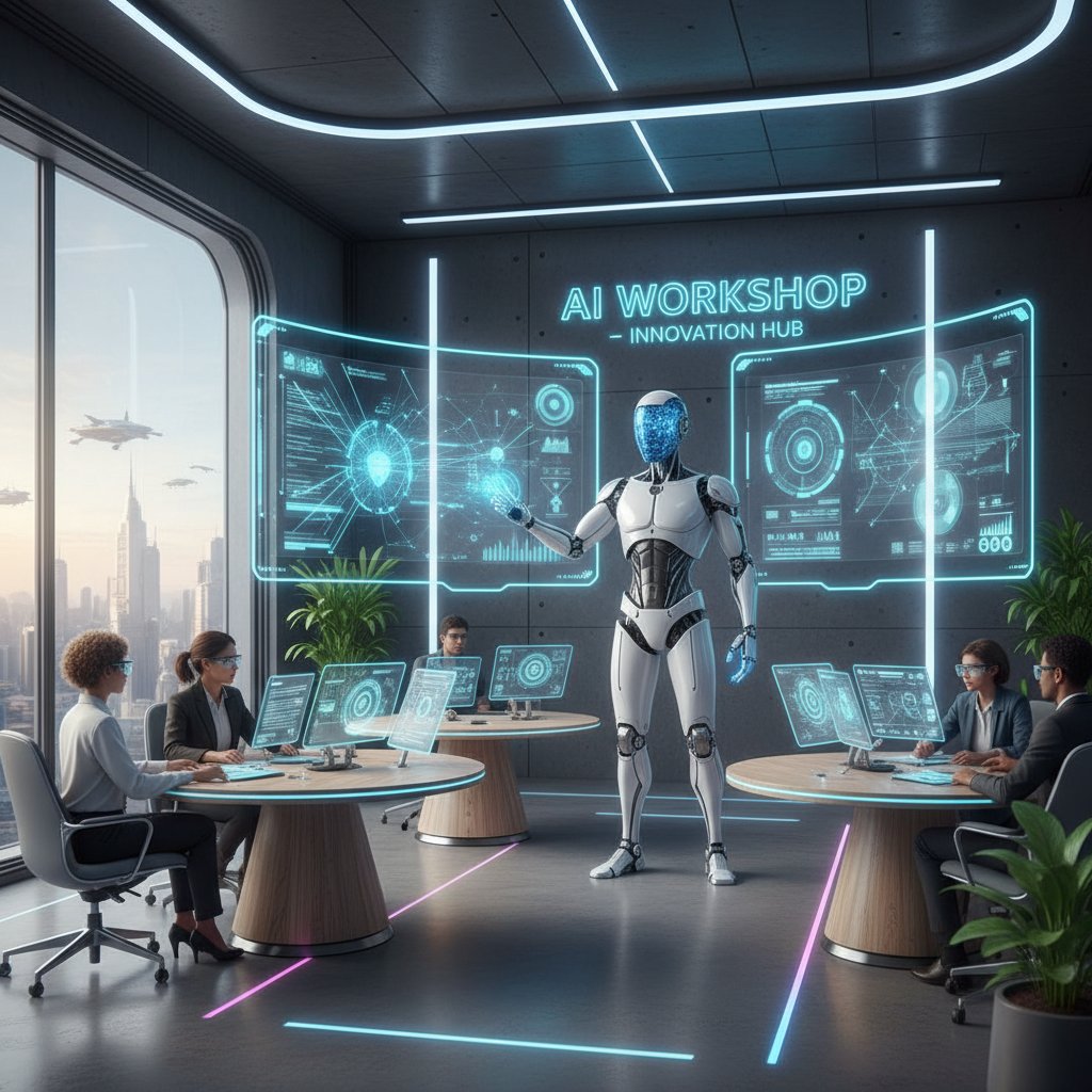 Nowoczesna sala szkoleniowa z trenerem AI prowadzącym warsztaty