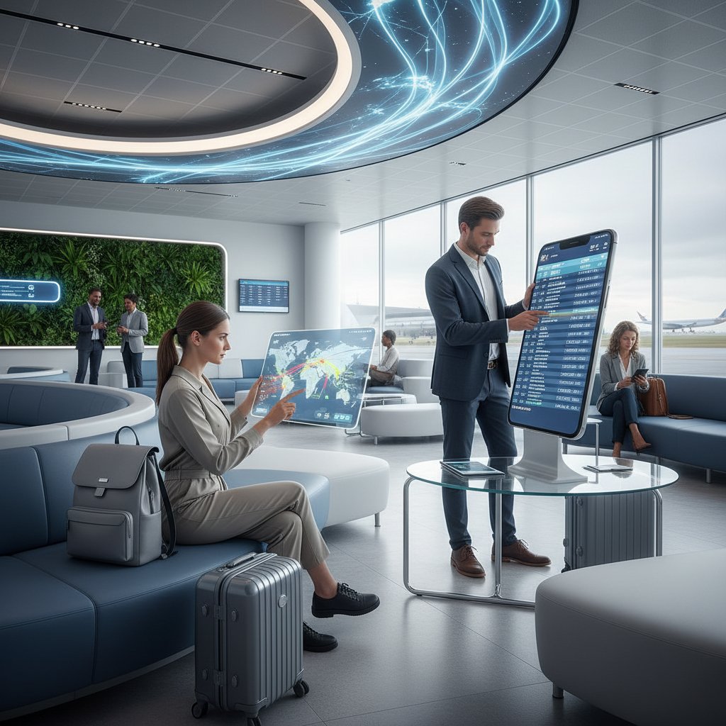 Podróżni korzystający z urządzeń mobilnych do planowania lotów, słowa kluczowe: przyszłość podróży, przesiadka, technologia