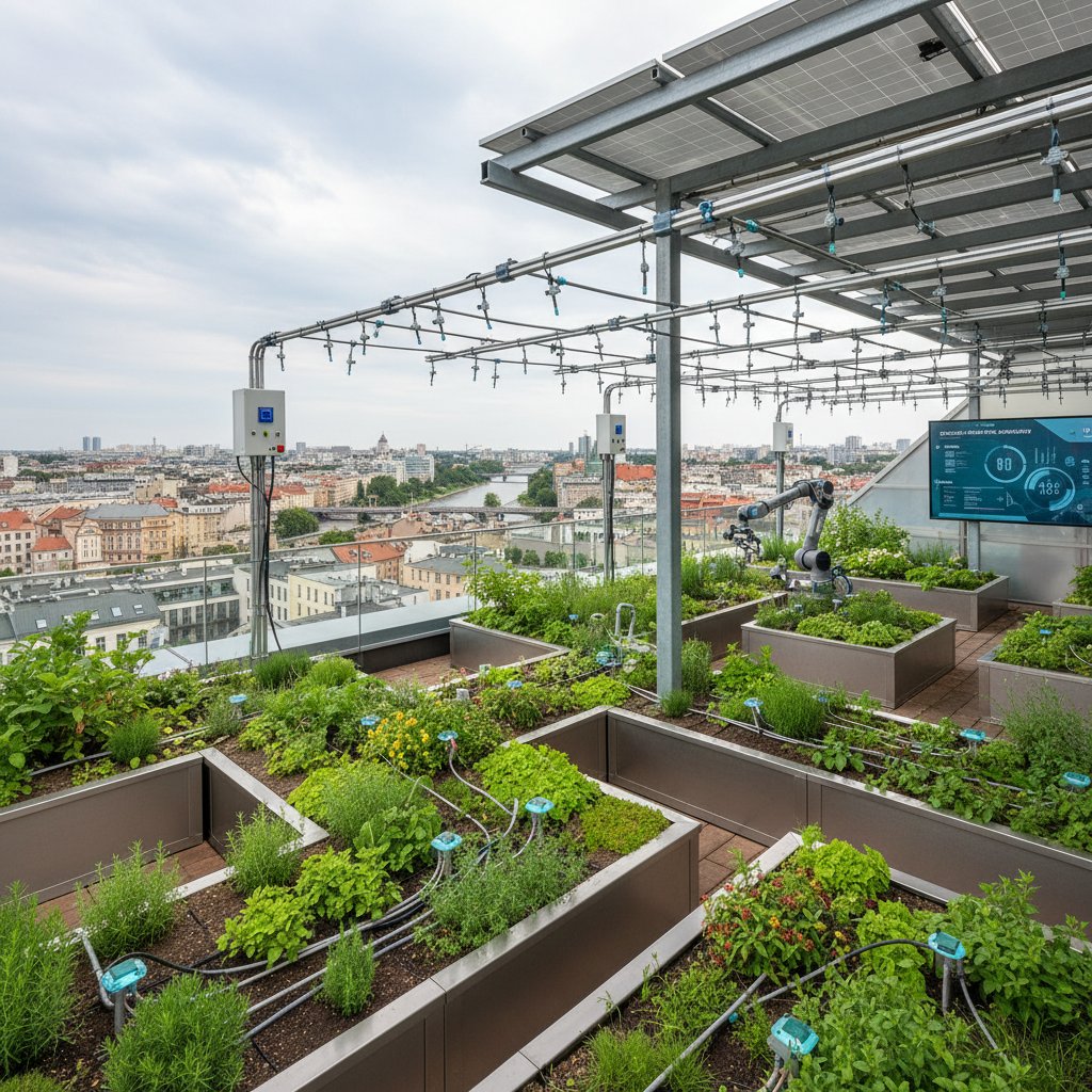 Nowoczesny ogród na dachu biurowca w polskim mieście, widoczne czujniki i automatyka