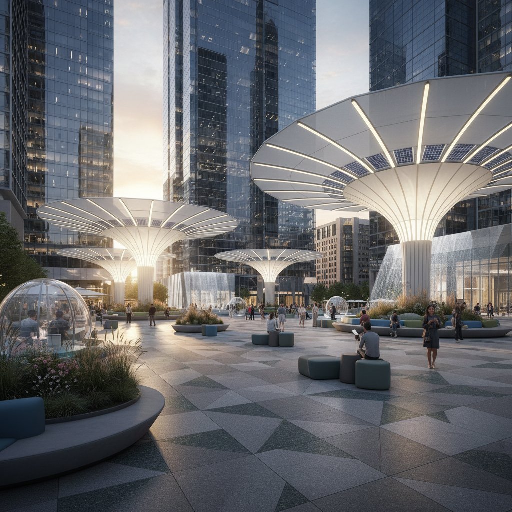 Nowoczesny miejski plac z innowacyjnymi, wielkimi parasolami publicznymi dającymi cień pieszym