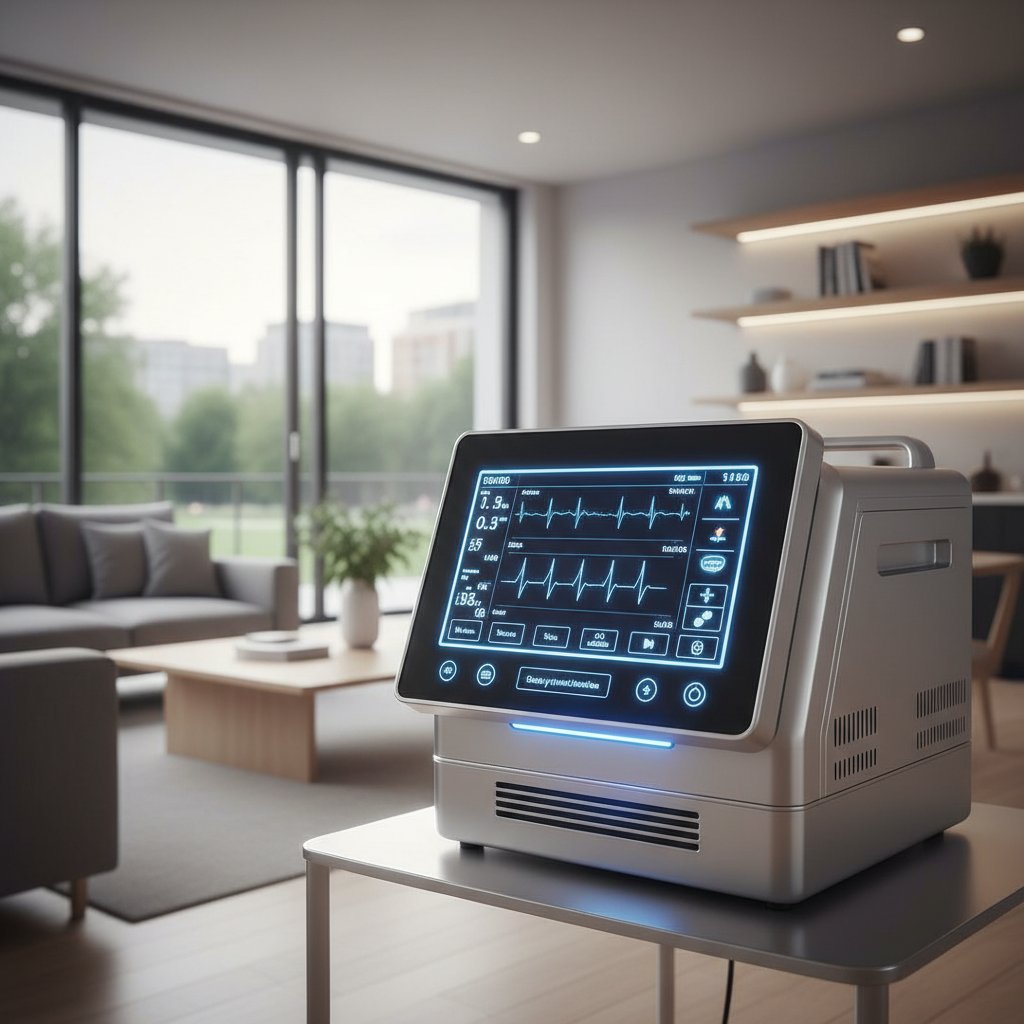 Nowoczesny, elegancki respirator z cyfrowym interfejsem w stylowym domu, niebieskie światła LED, futurystyczny nastrój