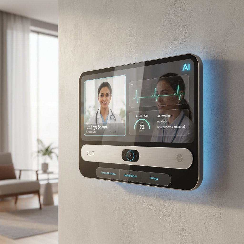 Nowoczesny panel do wideokonsultacji z funkcjami AI, używany przez pacjenta w domu