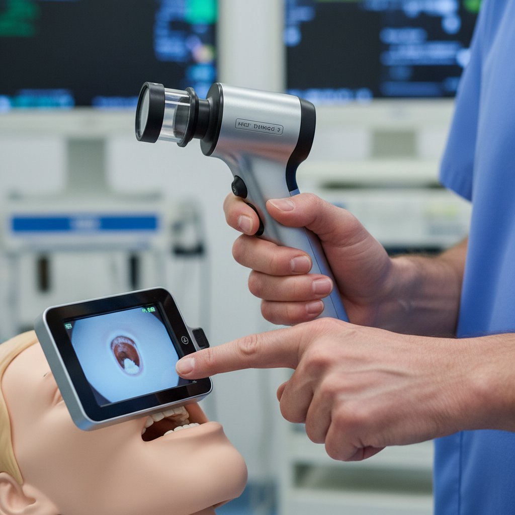 Nowoczesny video-laryngoskop w użyciu, ręce młodego i starszego lekarza