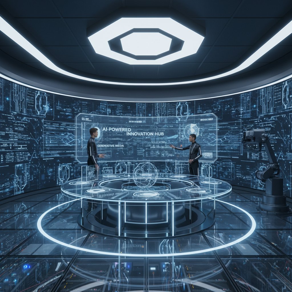 Nowoczesne studio wideo z technologią AI, ekrany z danymi, dynamiczna atmosfera innowacji