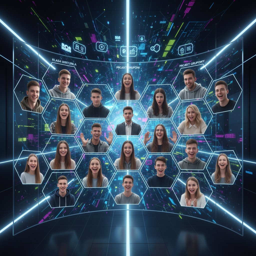 Nowoczesna sala wirtualna z dużą grupą polskich uczniów przy laptopach, wyraźne emocje, motywy AI w tle