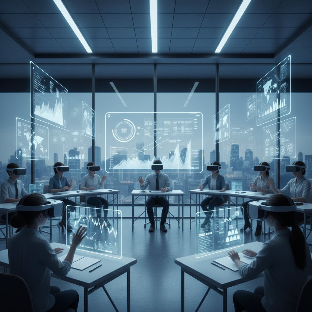 Nowoczesna klasa VR do nauki ekonomii, uczniowie z headsetami, cyfrowe wykresy w tle