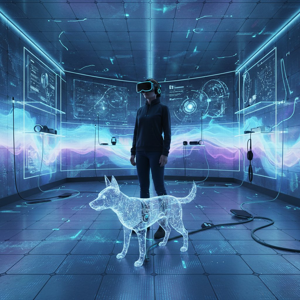 Nowoczesna sala VR z osobą i cyfrowym psem, futurystyczny klimat