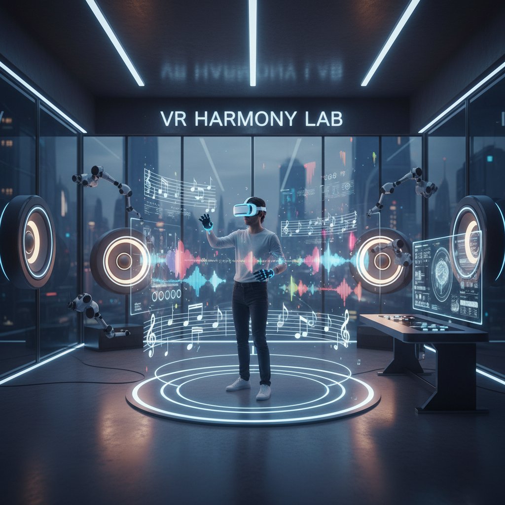 Nowoczesne studio VR z osobą trenującą słuch muzyczny w wirtualnej rzeczywistości