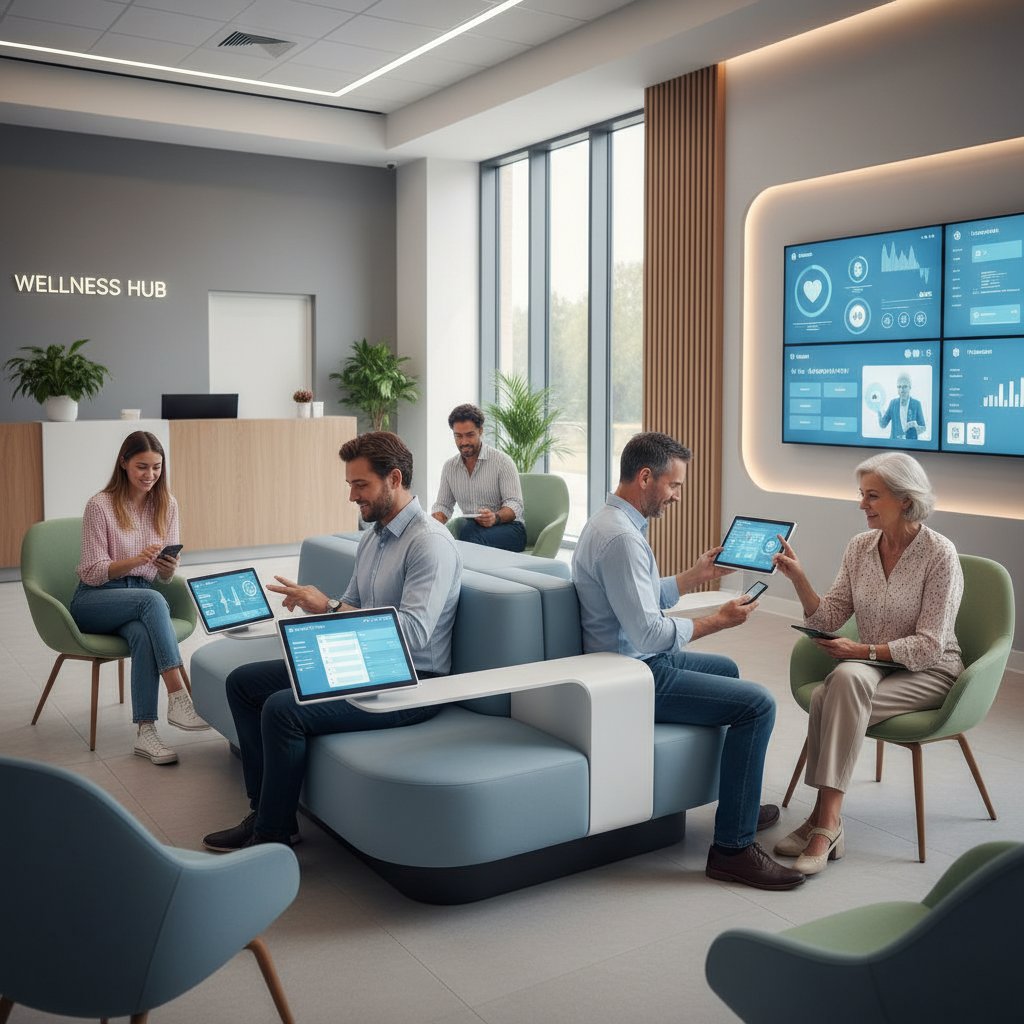Nowoczesna szpitalna poczekalnia z pacjentami korzystającymi z aplikacji zdrowotnych na smartfonach