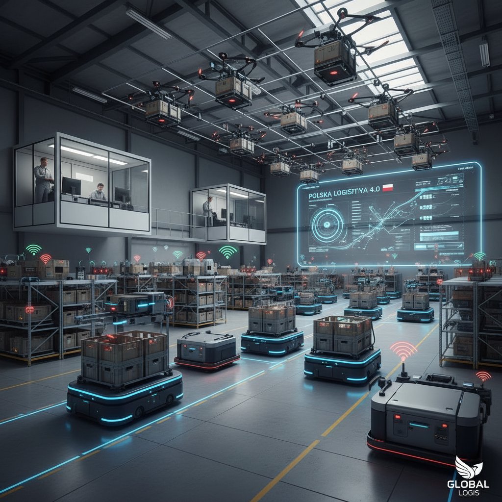 Nowoczesny magazyn z autonomicznymi robotami i czujnikami IoT, dynamiczna scena polskiej firmy