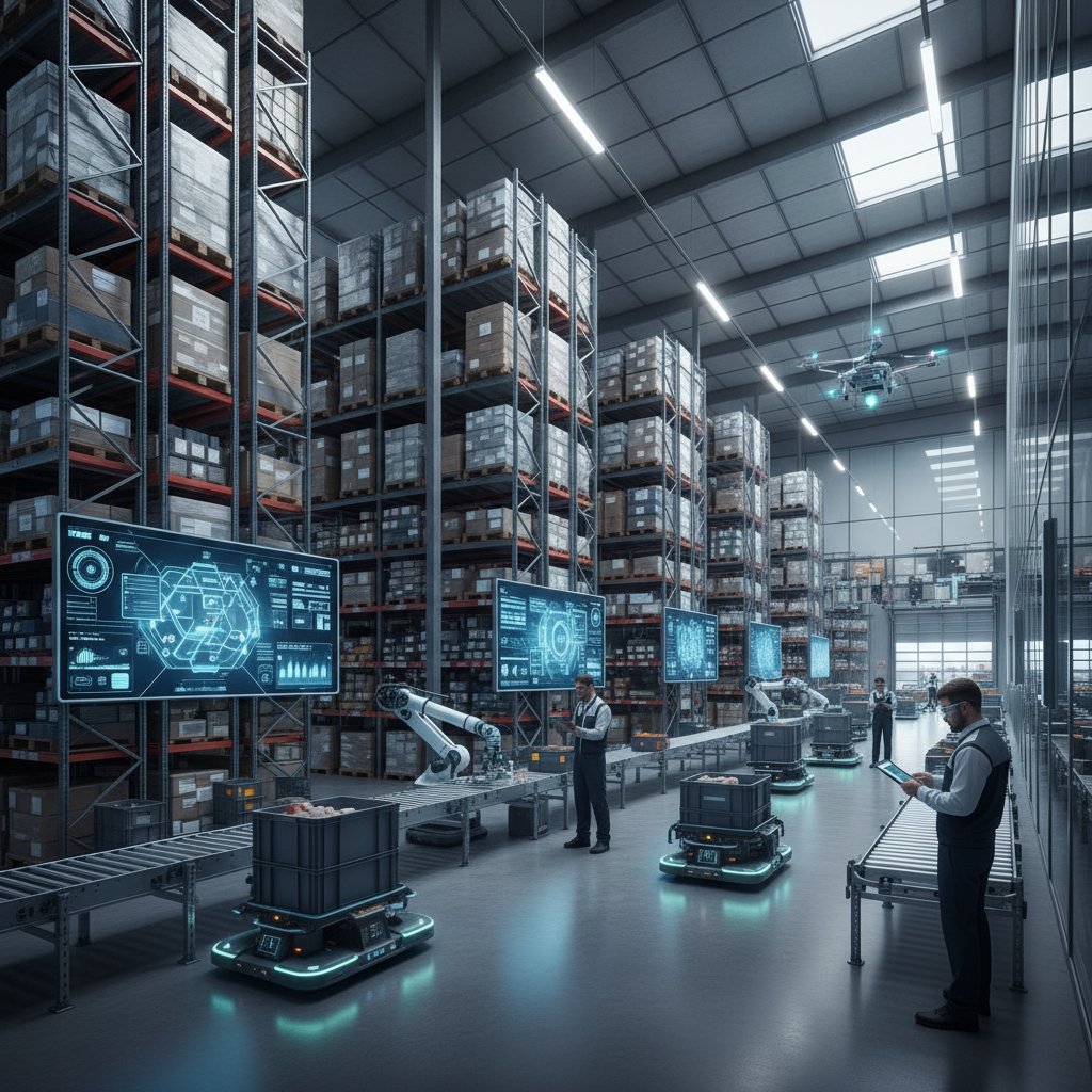 Nowoczesny magazyn z regałami i pracownikami rejestrującymi stany magazynowe