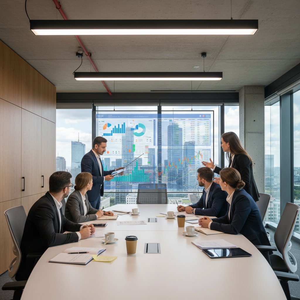 Nowoczesny biurowiec w Warszawie, sala konferencyjna z zespołem analizującym statystyki na ekranie