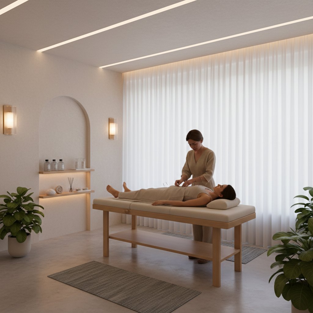 Nowoczesna klinika akupunktury z terapeutą i pacjentem w jasnym, przyjaznym wnętrzu