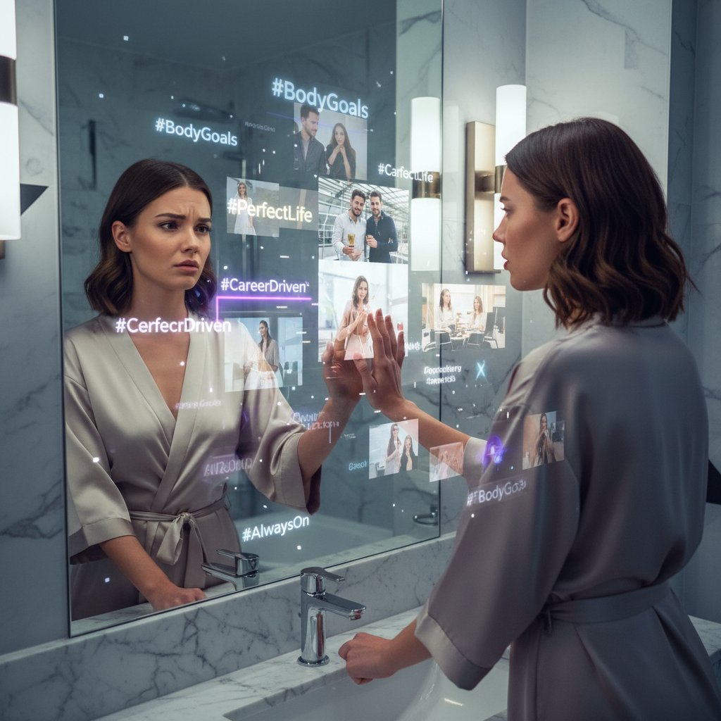 Nowoczesna kobieta w łazience, spoglądająca w lustro, z wyraźnym napięciem społecznym