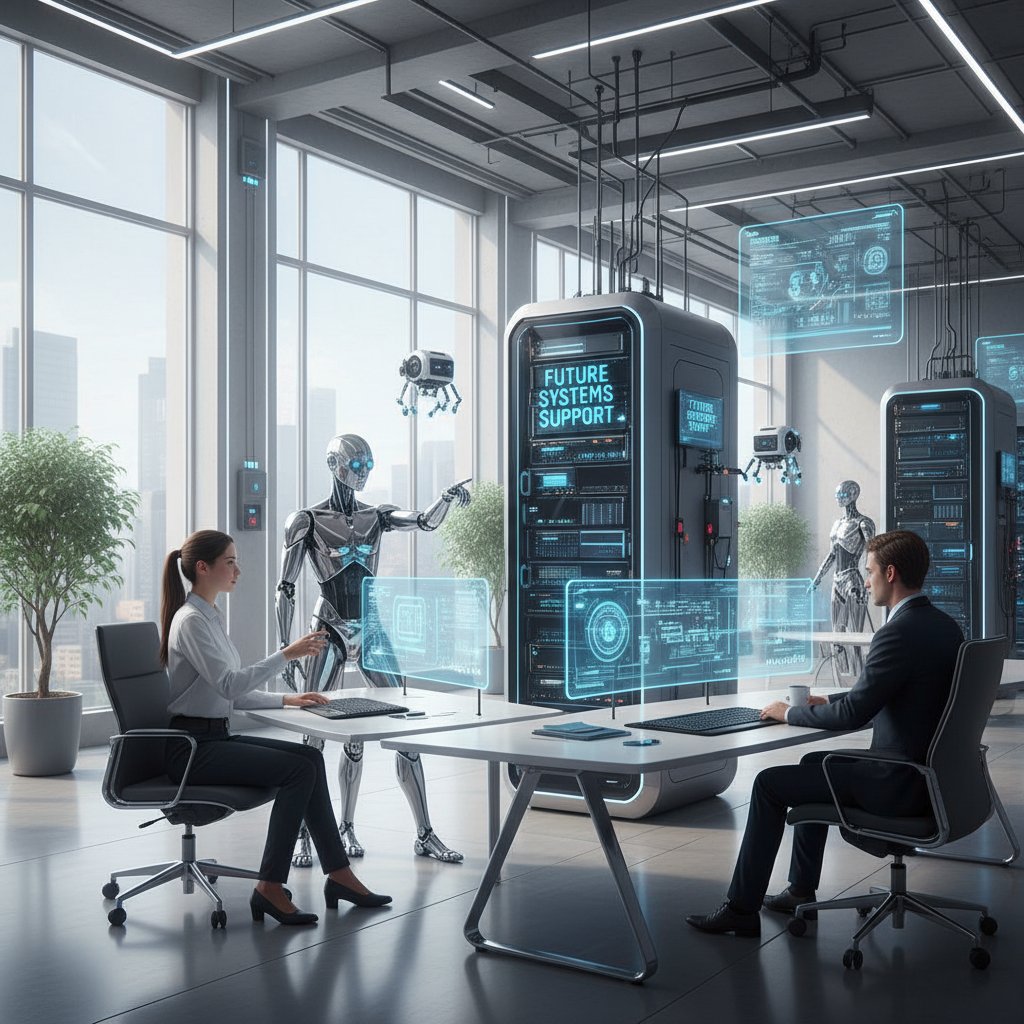 Modern workplace with humans and AI working side by side, hopeful computer support future