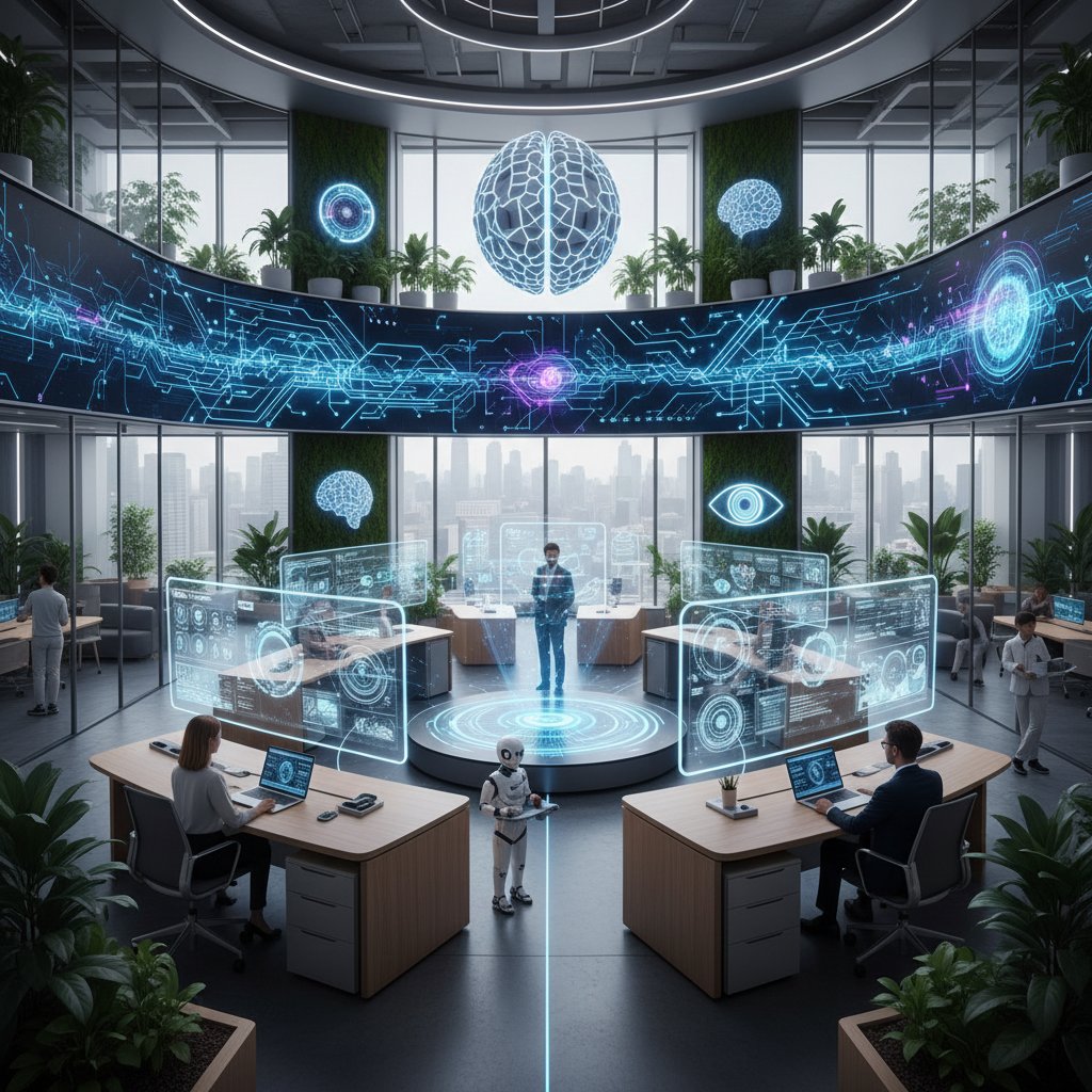 Nowoczesne miejsce pracy z akcentami technologii i pracy hybrydowej