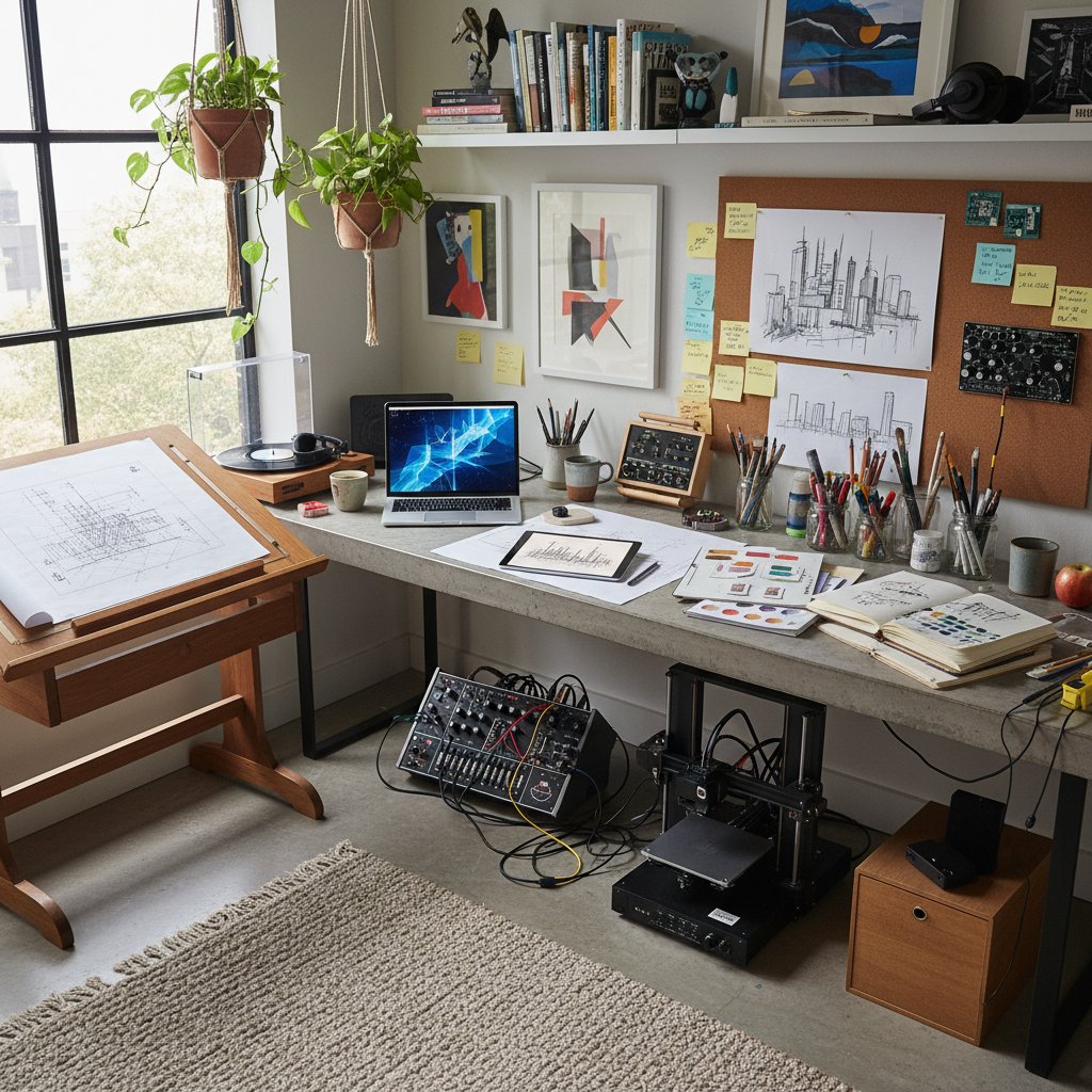 Nowoczesne biuro z narzędziami analogowymi i cyfrowymi podczas pracy kreatywnej – sprzęt komputerowy, notatki, tablet i szkice