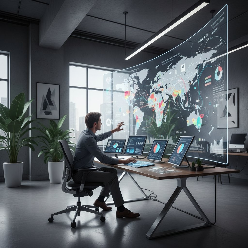 Nowoczesne stanowisko pracy z komputerem, otwartą mapą cyfrową i danymi demograficznymi, osoba analizująca dane