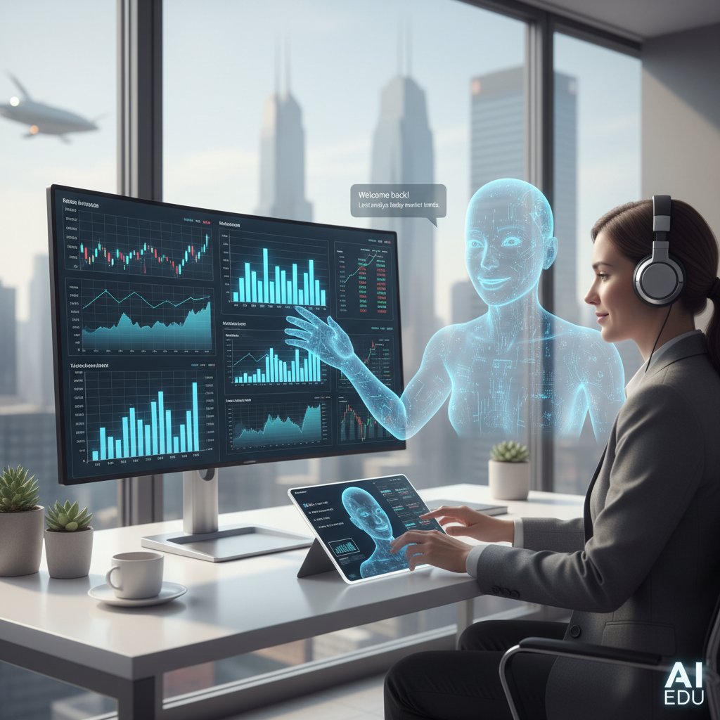 Nowoczesne biurko z laptopem, grafikami inwestycyjnymi i cyfrowym korepetytorem AI, obraz oddający stres i ambicję inwestora w edukacji online