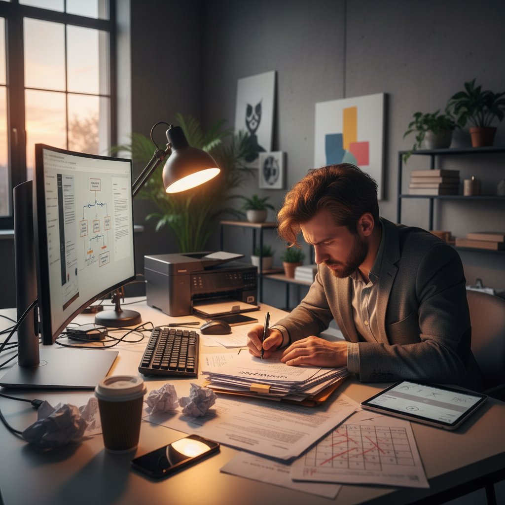 Osoba pisząca odwołanie od decyzji administracyjnej, dokumenty i laptop na biurku, porady prawne sprawy administracyjne