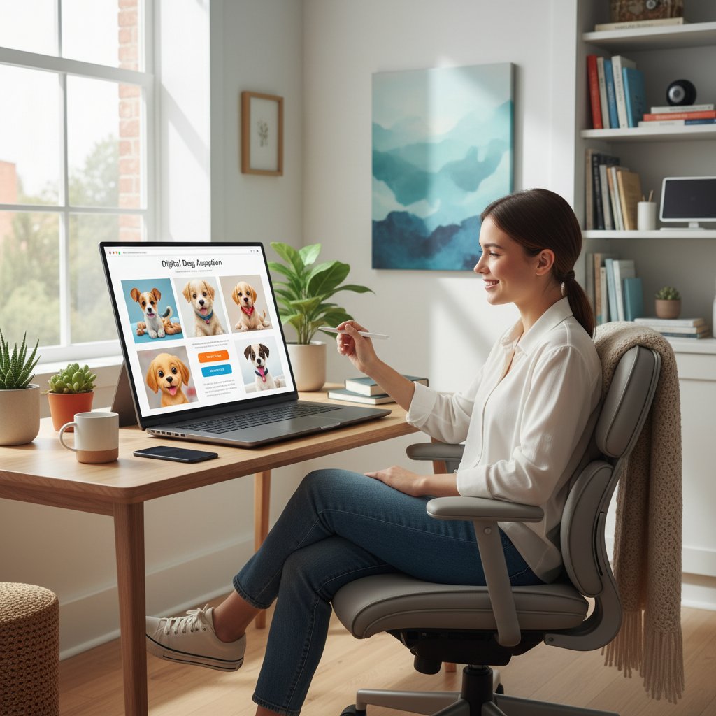 Nowoczesne stanowisko pracy z laptopem, młoda osoba eksploruje adopcję psa online – jasny, optymistyczny klimat