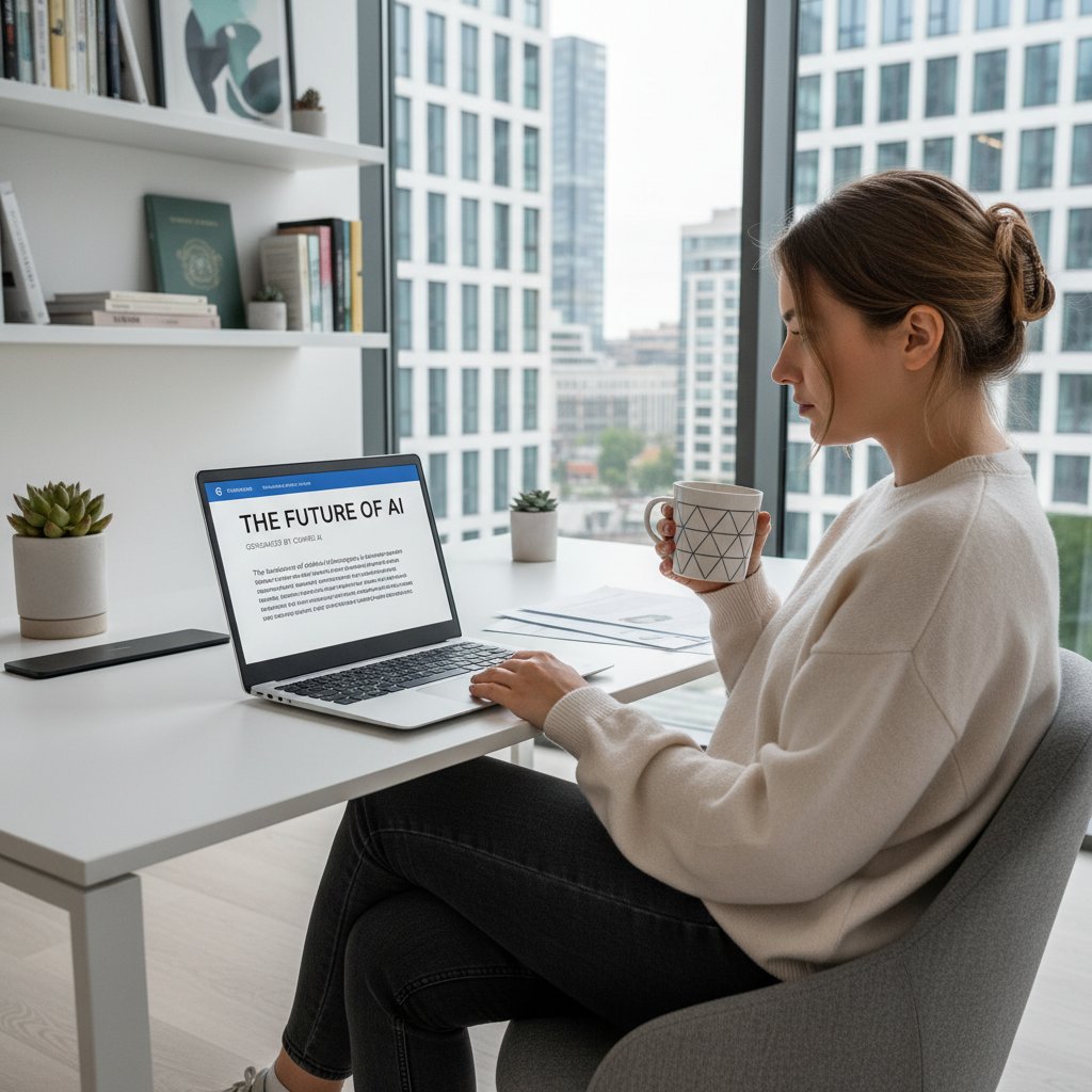 Młoda kobieta czytająca felieton AI na laptopie, nowoczesne biuro.