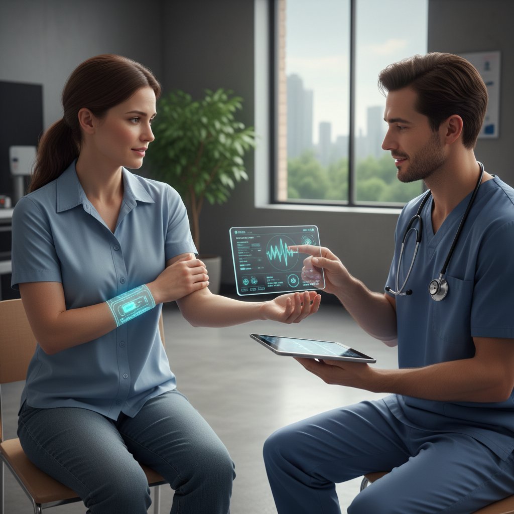 Nowoczesny gabinet leczenia ran, pacjent z opatrunkiem elektronicznym, kontrast emocjonalny