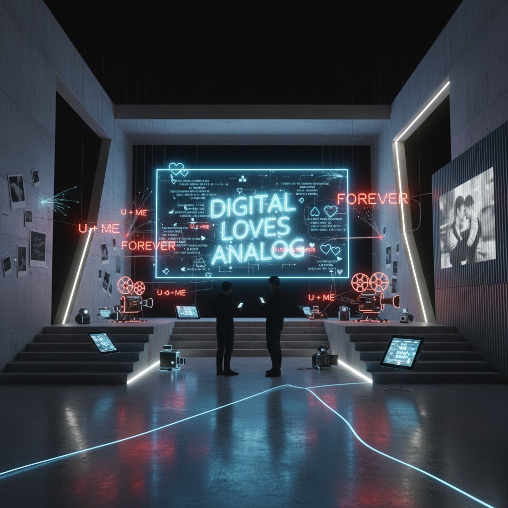 Modernist film set with digital and analog love notes