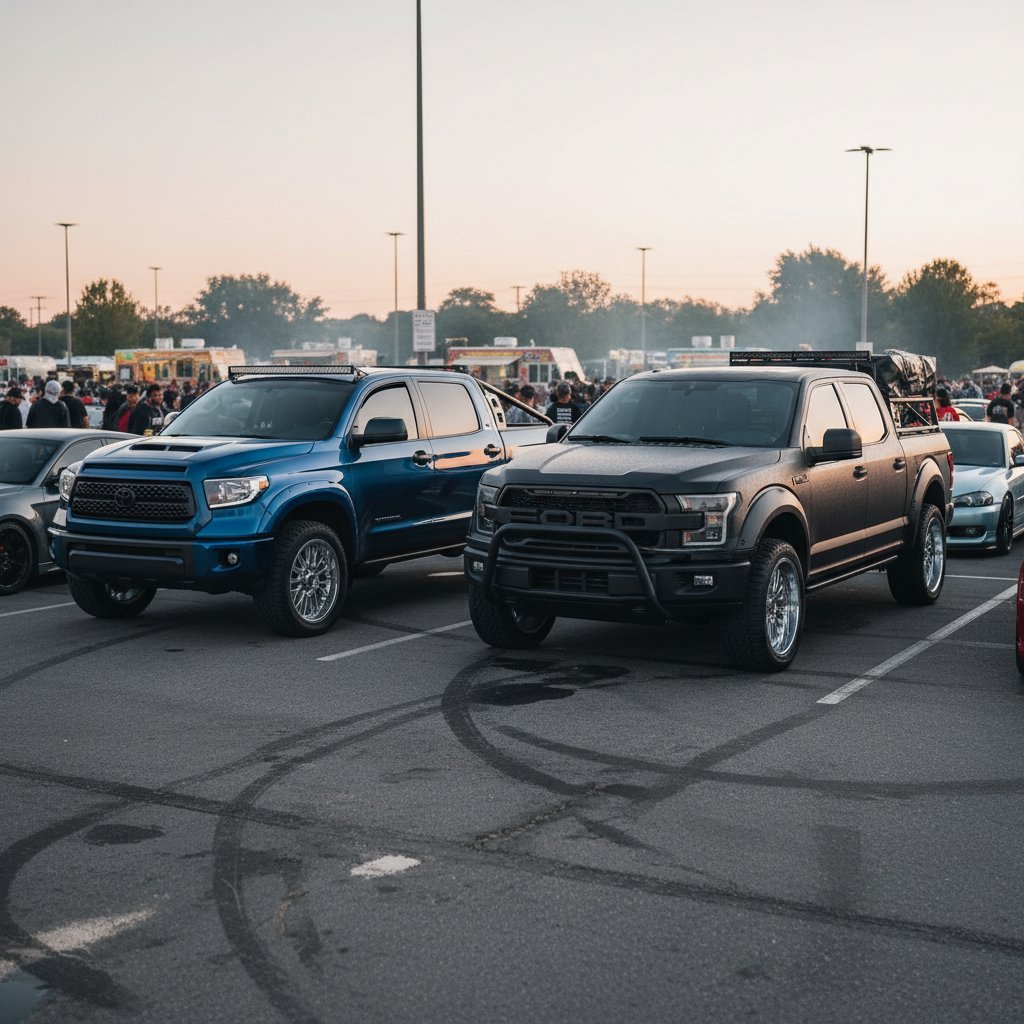 Modified Toyota Tundra and Ford F150 with custom wheels and lifted suspensions