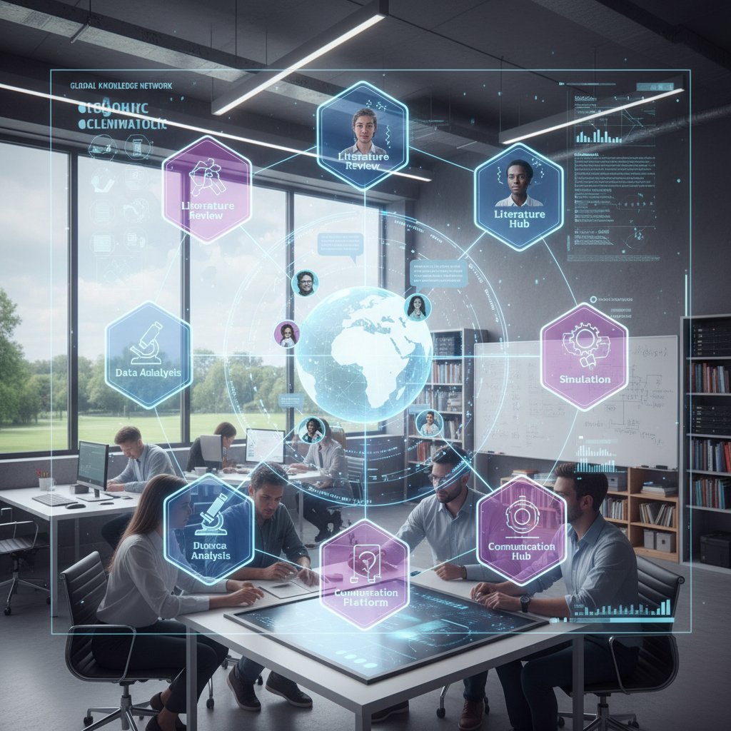 Modular academic research software architecture visualized, with diverse researchers collaborating