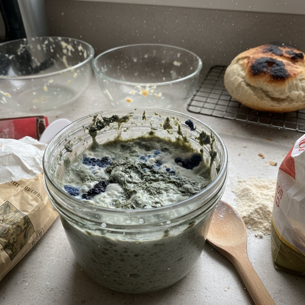 Nieudany zakwas: słoik z pleśnią, nieprzyjemny zapach i smutny wyraz twarzy osoby próbującej uratować starter