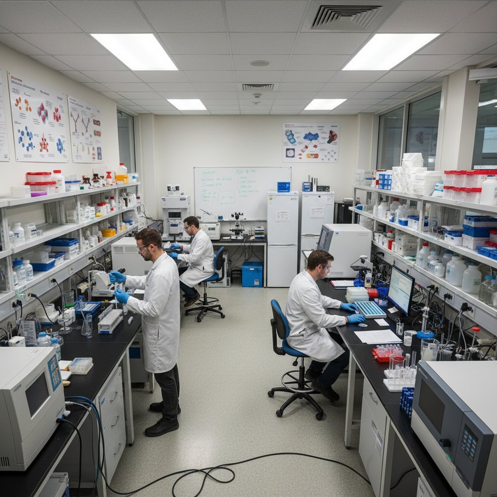 Laboratorium biologii molekularnej, naukowcy przy pracy, próbówki, sprzęt wysokiej klasy