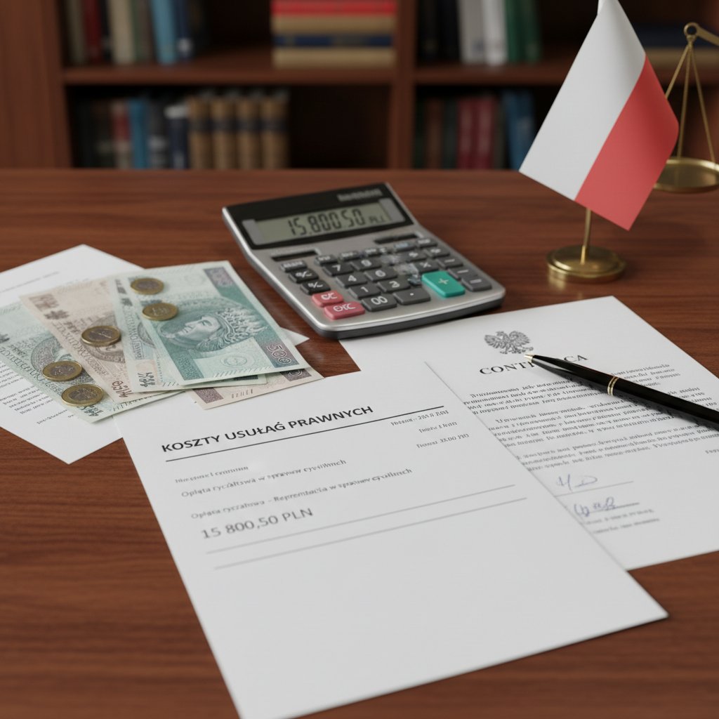 Pieniądze, kalkulator i dokumenty na stole, obrazujący koszty usług prawniczych w Polsce