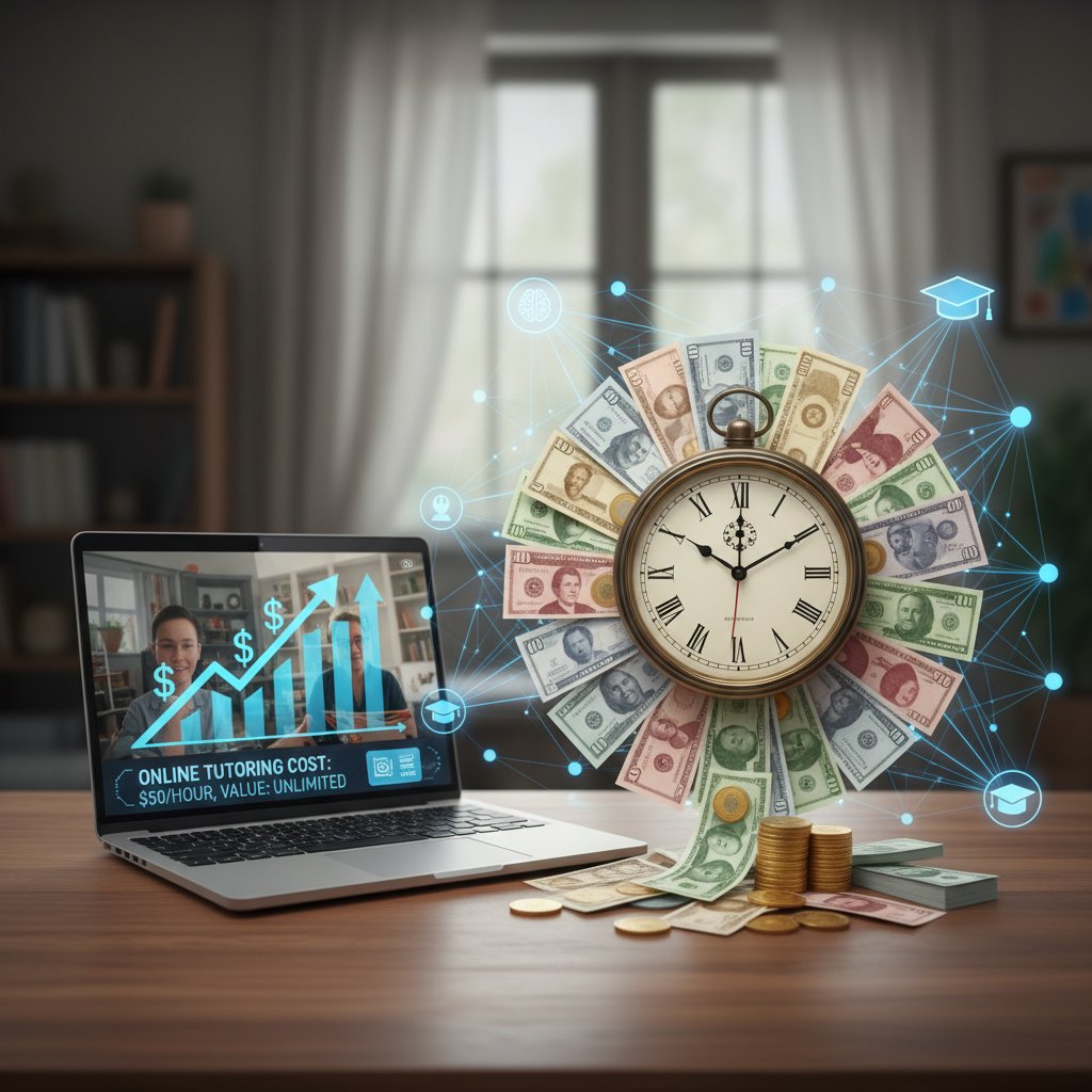 Stos pieniędzy, zegar i komputer obok siebie, symbolizuje koszt, czas i wartość korepetycji online
