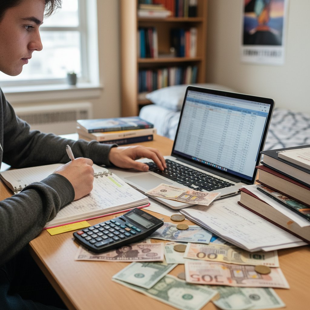 Porównanie kosztów: pieniądze, komputer, notatnik na biurku ucznia
