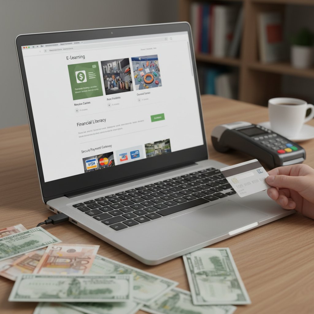 Symboliczne zdjęcie: banknoty obok laptopa z otwartą platformą e-learningową