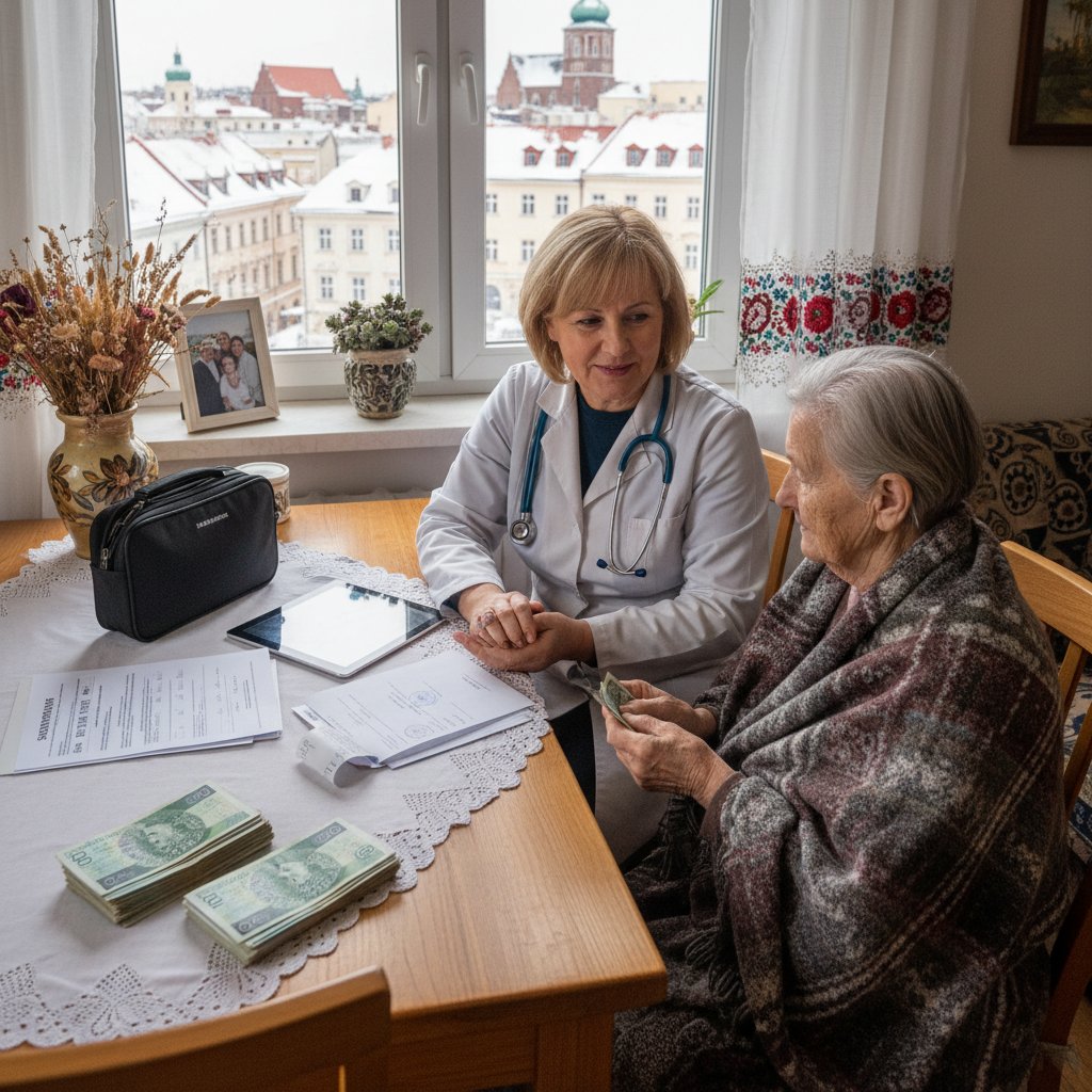 Pieniądze na stole, dokumenty medyczne, wizja kosztów wizyty domowej w polskich realiach