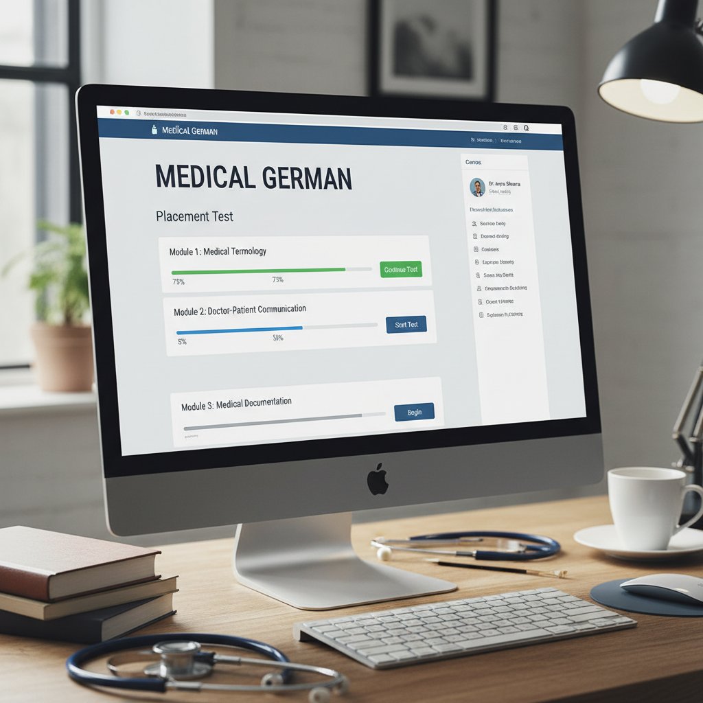 Zdjęcie monitora z platformą e-learningową, widać test poziomujący i przykładowe zadania