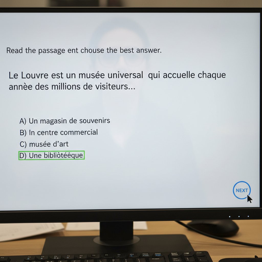 Monitor z testem językowym, zbliżenie na pytanie testowe