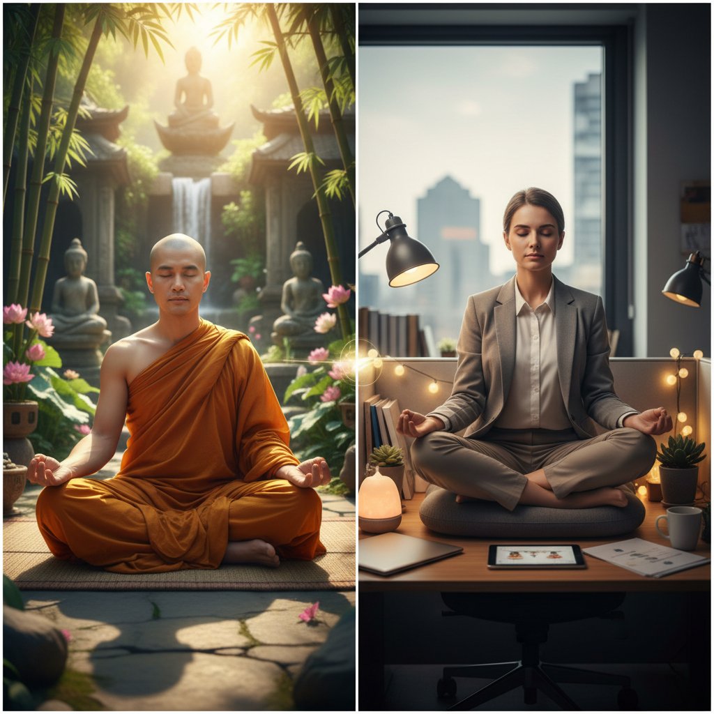 Mnich i pracownik biurowy medytujący – przeszłość i teraźniejszość