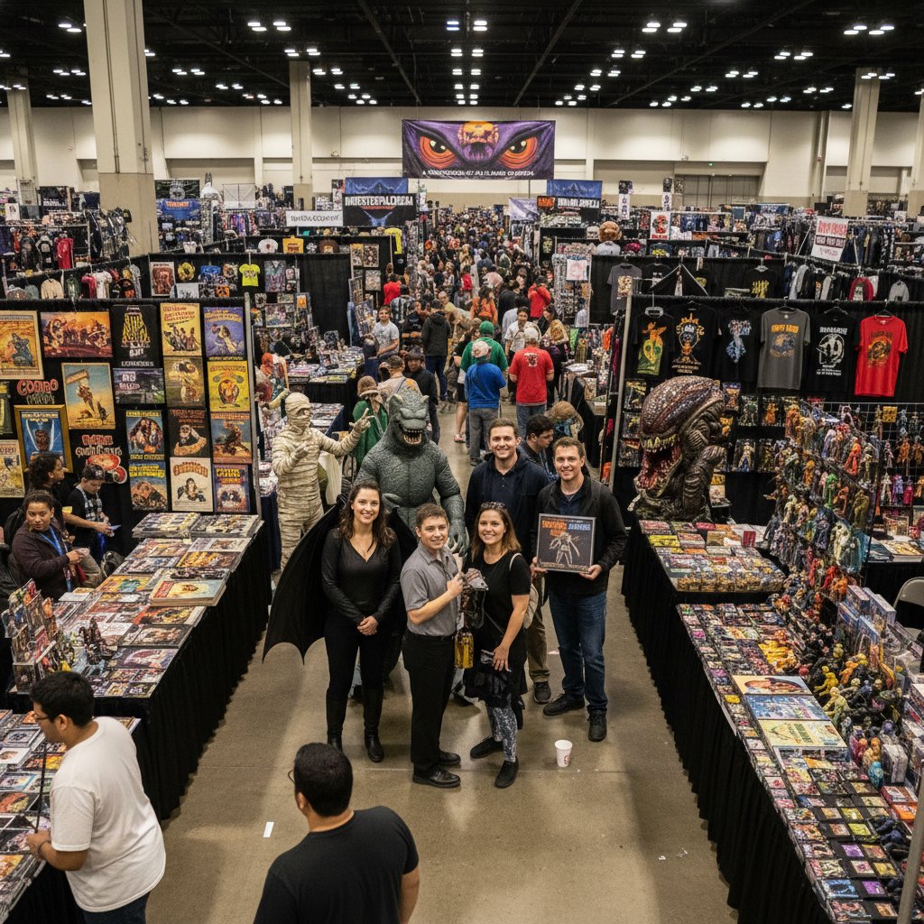 A bustling convention hall with monster movie fans in costumes browsing memorabilia
