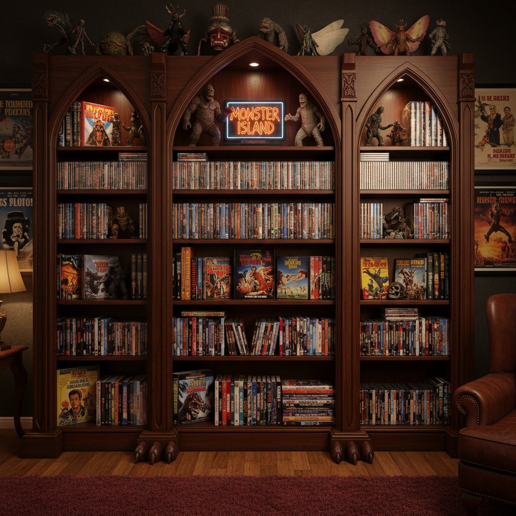 A movie shelf filled with monster movie memorabilia, books, and DVDs