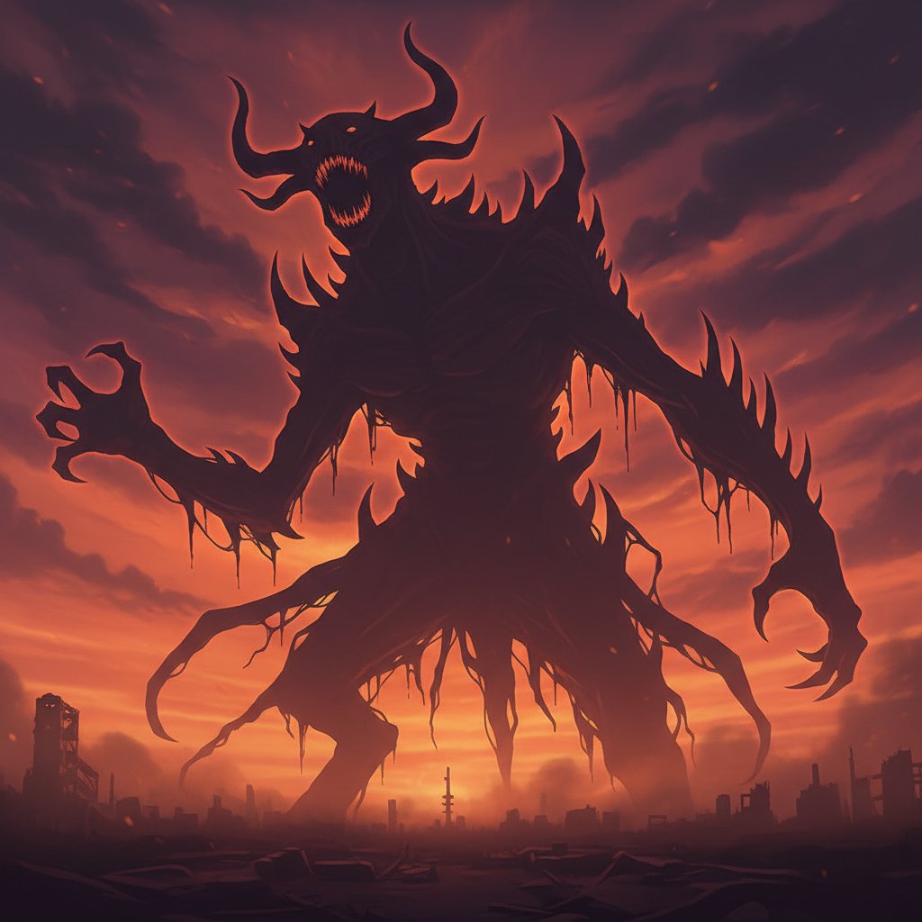 Close-up of a monster’s silhouette with exaggerated features, dramatic lighting, 16:9
