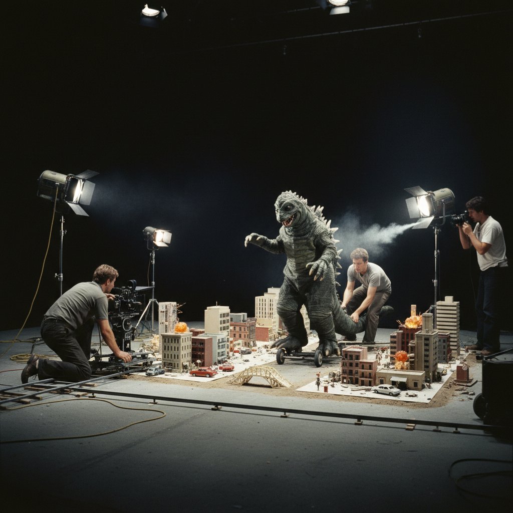 Actor in monster suit demolishing a scale model city, old film grain effect, behind the scenes of giant monster movies