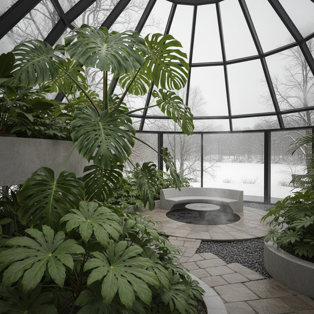 Monstera i fatsja w nowoczesnym ogrodzie zimowym, widoczne duże liście, designerski wystrój