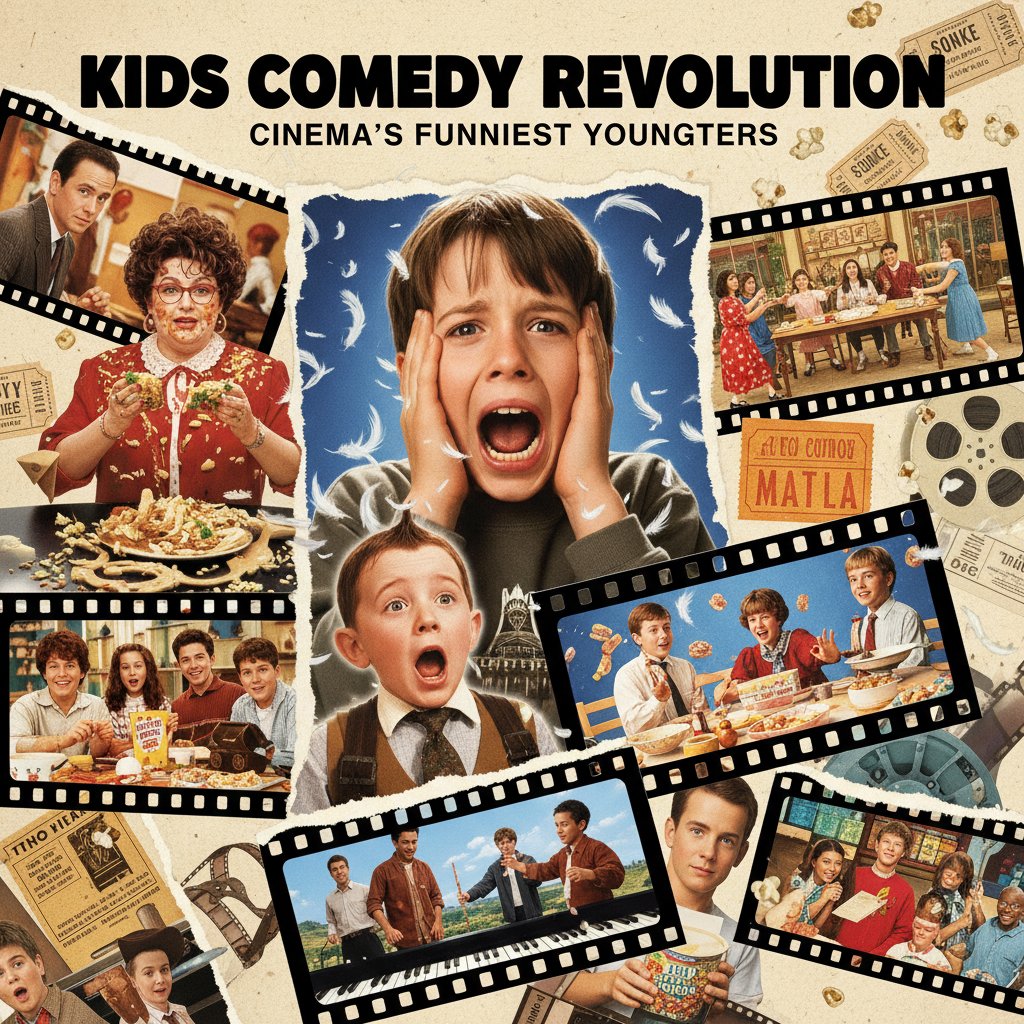 Collage of innovative scenes from rule-breaking kids’ comedy films, showing diversity and creativity in movie kids comedy cinema