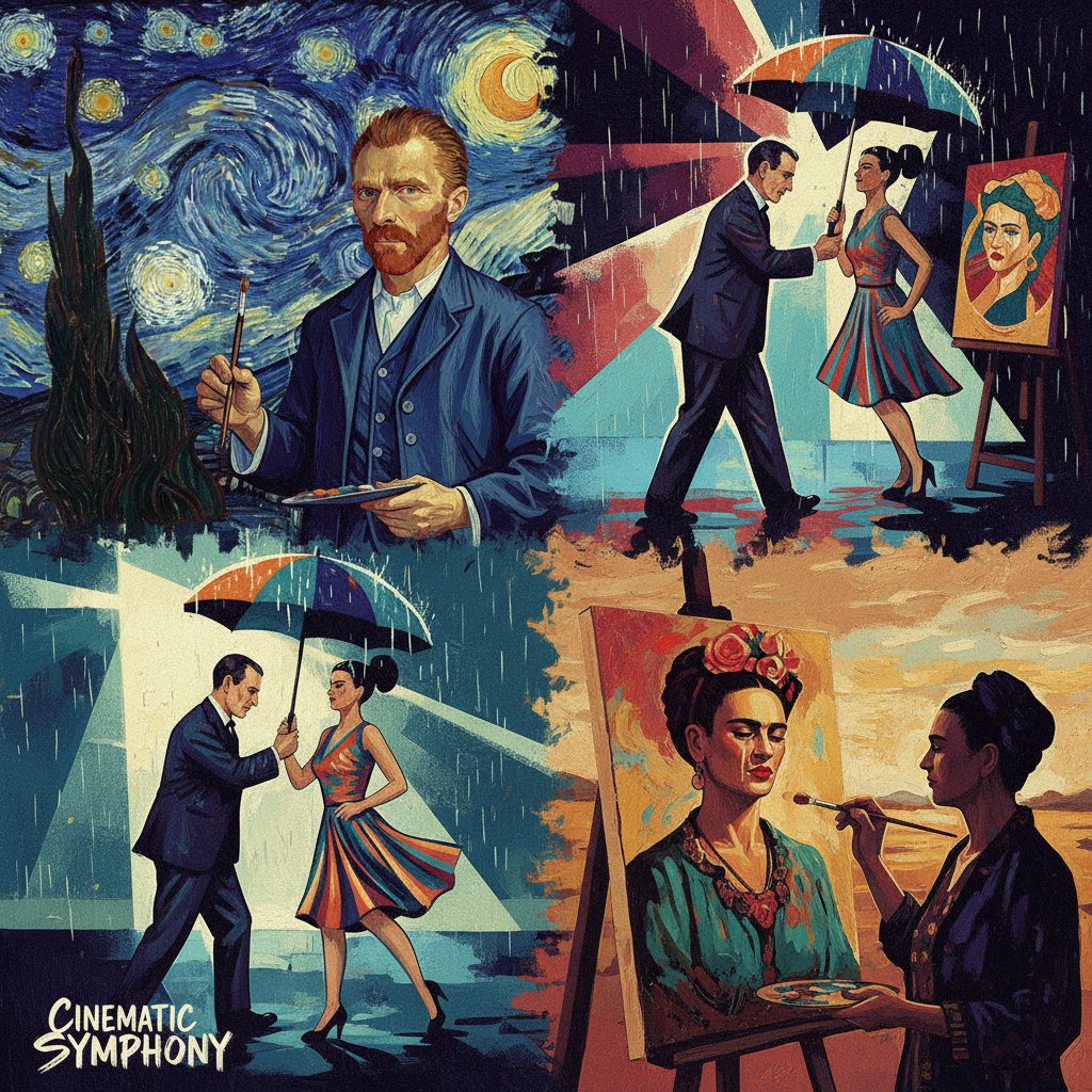 Montage of iconic film scenes about artists, bold color grading and dramatic lighting, capturing the emotional intensity of creativity