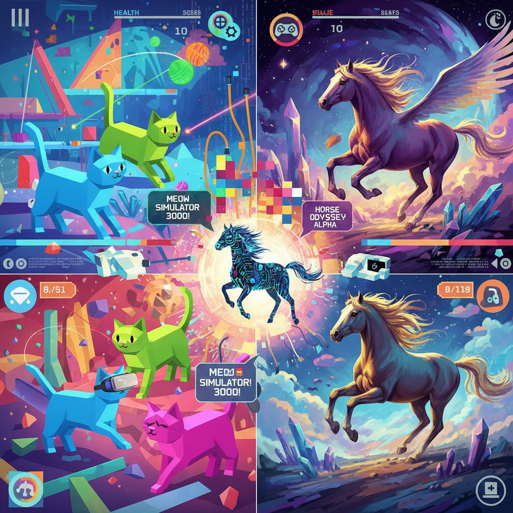 Kolaż symulatorów cyfrowych zwierząt: koty, konie, wilki, barwne i surrealistyczne